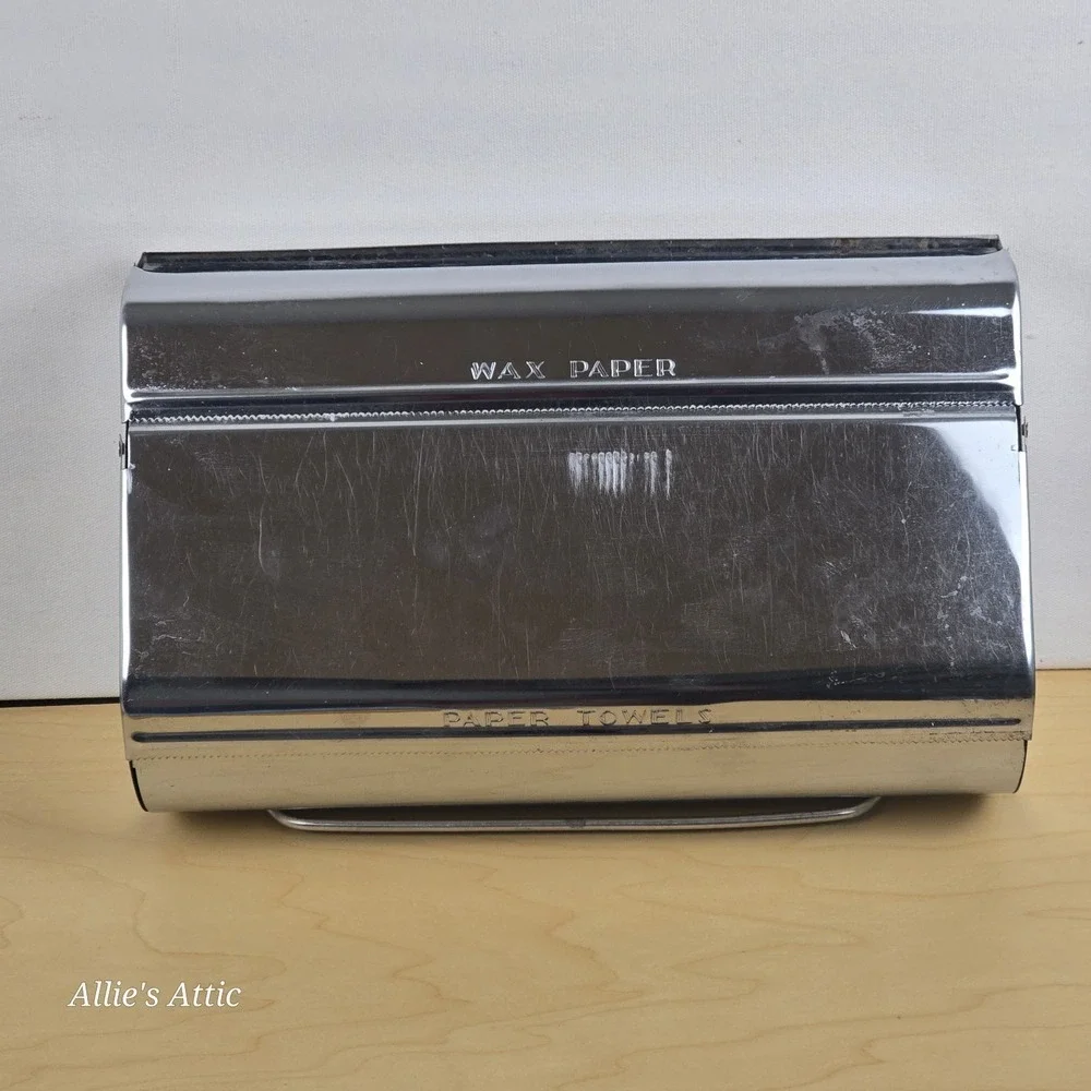 Vintage Kitchen Dispenser Chrome Metal Alum Foil Wax Paper Paper Towel Holder